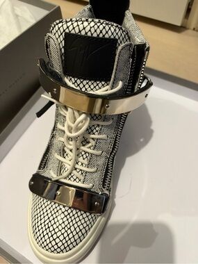 Giuseppe Zanotti Black & White High-Top Sneaker with Gold Hardware